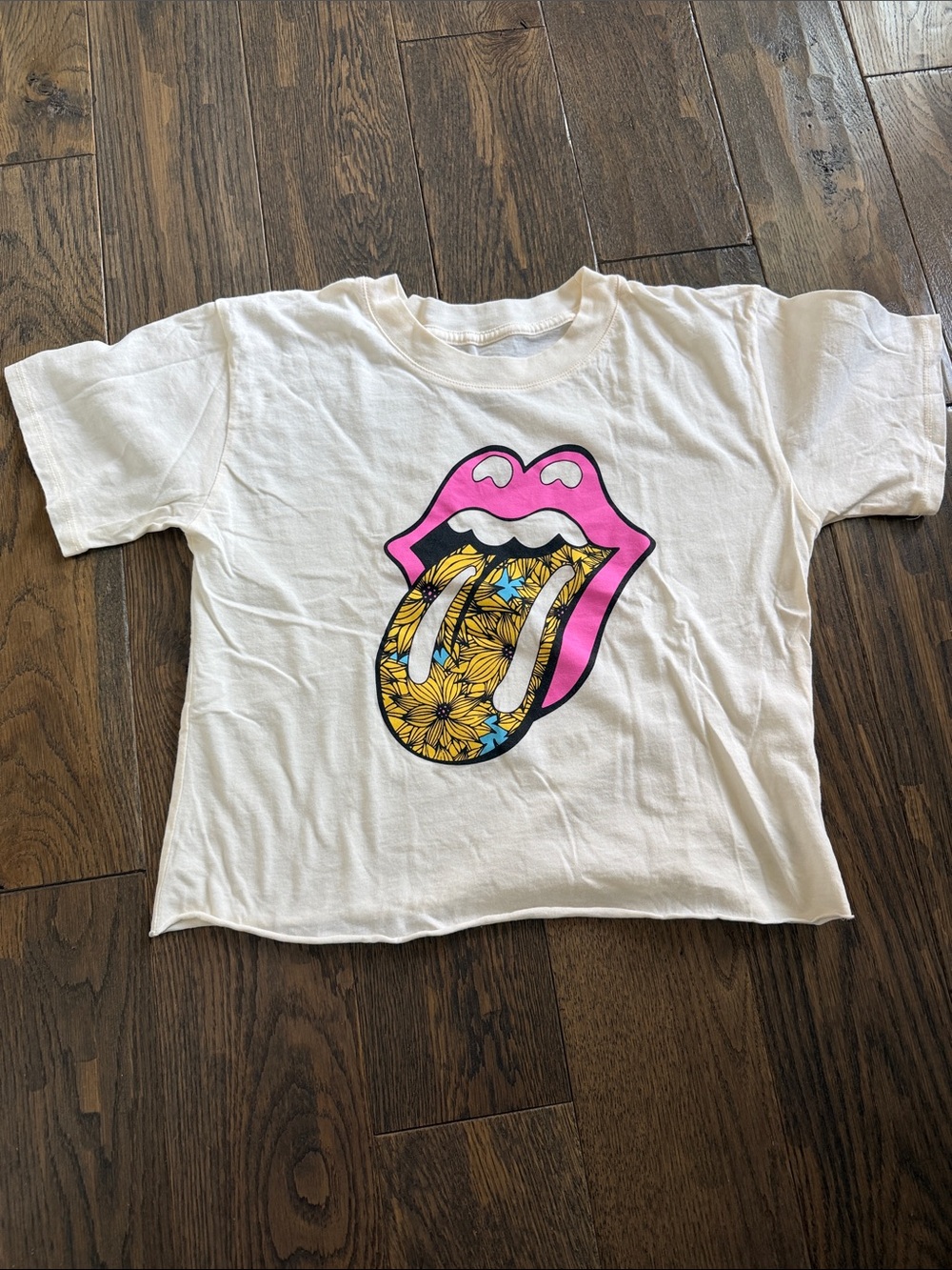 Treasure and Bond White Cropped Graphic Tee with Pink & Yellow Floral Tongue